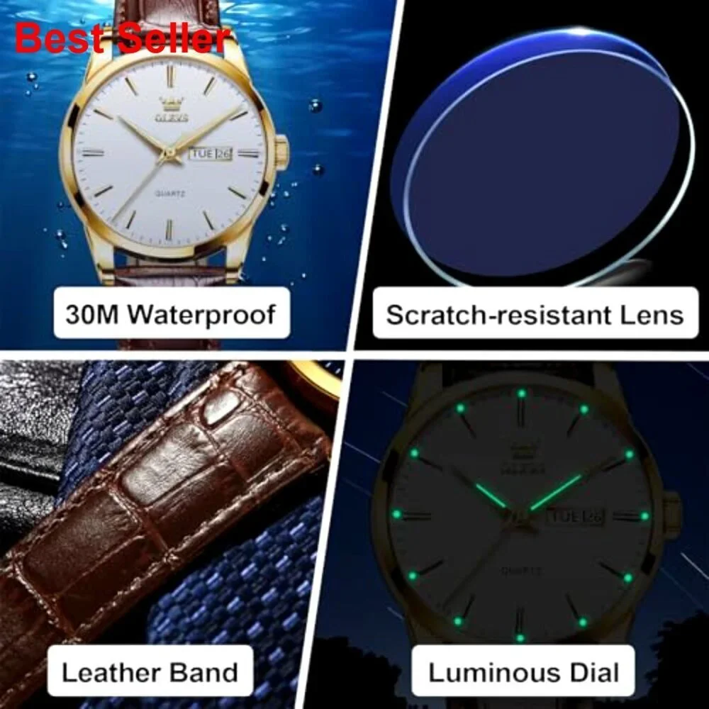 Men's Leather Watch Stainless Steel Analog Day Date Waterproof Luminous